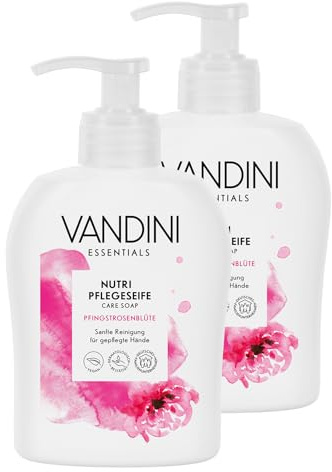 VANDINI 2x Nutri Flüssigseife Spender mit Pfingstrosenblüte Duft 300ml | Made in Germany Spender Seife vegan - Handseife flüssig reinigt sanft - Handwaschseife für gepflegte Hände - Hand soap