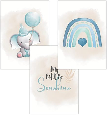 FAVELOT Poster Kinderzimmer Jungen A4 - Regenbogen, Elefant, Aquarell Blau - Bilder Babyzimmer Deko - Deutscher Premium-Druck - 3er Set Din A4
