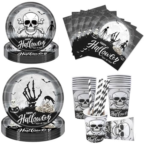 Aitsite Set di stoviglie per feste di Halloween, 100 pezzi, scheletro per Halloween, set di piatti a scheletro per 20 ospiti, piatto per feste, tovaglioli, decorazione di Halloween