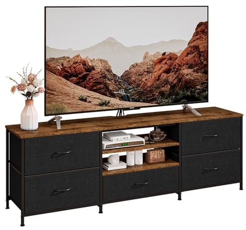 Solerconm Meuble TV en Bois avec 5 Tiroirs et Étageres Ouvertes,Banc TV Noir pour Teléviseur jusqu'à 65 Pouces,Meuble Télé Industriel pour Salon et Chambre