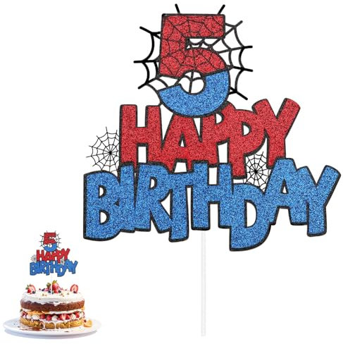 Spider Birthday Cake Topper, Double-Sided Spider Cake Topper Decorations Birthday Cakes Decorations for Boys Girls(Number 5)