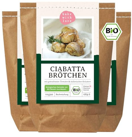 Bio Ciabatta Brötchen Backmischung – mit Tomaten, Kräutern & knuspriger Kruste – luftige italienische Brötchen für den Ofen – fast ohne Hefe – Bake with Love - 3er Pack