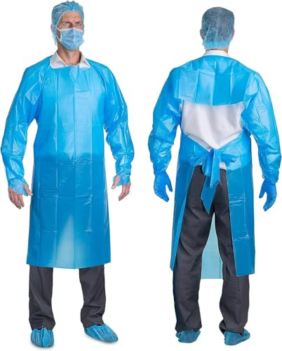 Disposable Gown Medical isolation Gown Blue Plastic Disposable Protective Gown Apron Long Sleeve Unisex (100)