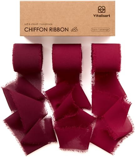 Vitalizart Chiffonband Burgunderrot & Rot 3,8 cm x 19,2 m, Geschenkband Breit Schleifenband, Dekoband zum Basteln, Fransenband für Hochzeitseinladungen, Brautsträuße, Geschenke Verpackungen