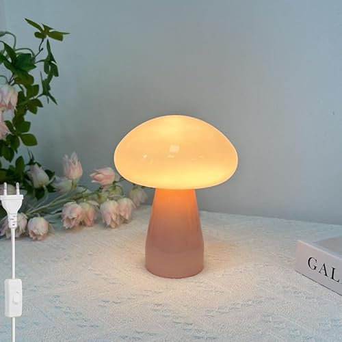 LOGT Pilz Lampe Glas Nachttischlampe mit Kabel Schalter Tischlampe Dimmbar 3000K/4500K/6000K Mushroom Tischleuchten 3 Farbwechsel Nachtlicht Retro Nachttischleuchten für BüRo Wohnzimmer,Rosa