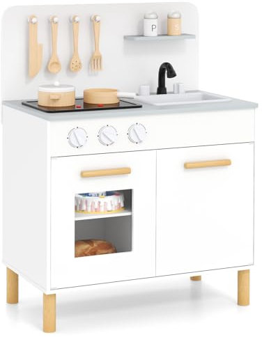 COSTWAY Cucina Giocattolo con Fornelli a Suoni e Luci Reali, Cucina per Bambini in Legno con Lavandelo Estrabile, Rubinetto e Forno, Set Cucina con 11 Accessori, 55 x 31 x 75 cm (Bianco)