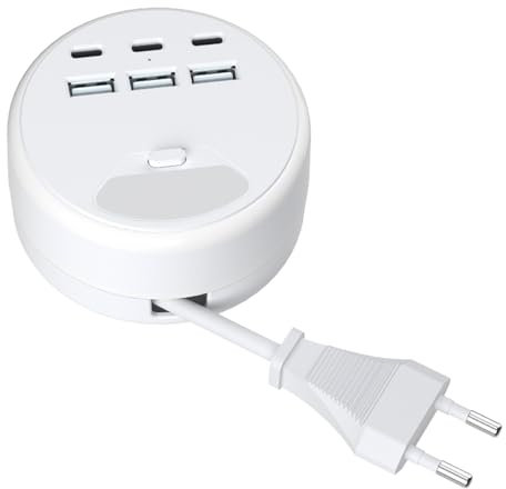 USB Ladegerät Mehrfach, AOUOO 25W mehrere USB Schnellladegeräte mit einziehbarem Kabel (1.4M), 6 Schnellladegerät 2 C und 4 A Charger für iPhone15/14/13/12 Pro Max iPad, Samsung,Tablet/Kamera..