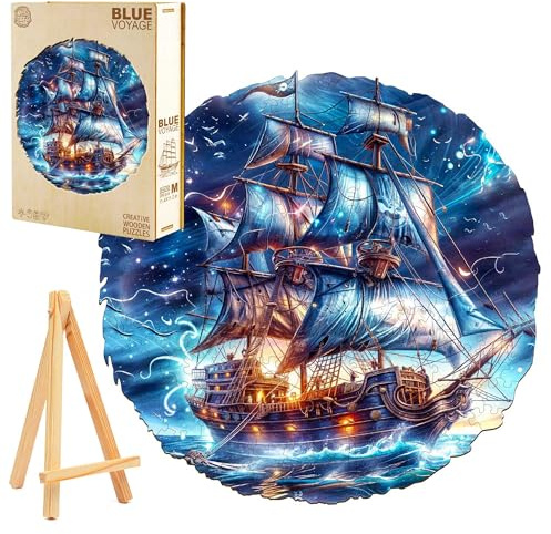 PASJO Holzpuzzle für Erwachsene Blaue Galeone 300 Einzelteile Holzschachtel Mini-Staffelei Wooden Puzzle Segelschiff