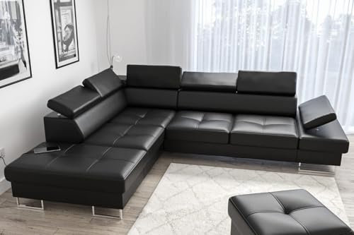 Ecksofa Galaxy 225x280 cm aus Echtleder – Ledersofa mit Schlaffunktion und Bettkasten, verstellbare Kopfstützen und Armlehnen, Eckcouch rechts oder Links wählbar – modernes Design (Schwarz, Links)