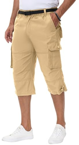 NANAMEEI Herren 3/4 Hose Outdoor Sommer Stretch Bermuda Shorts Männer Kurz Jagd Angeln Hose,Khaki,XL
