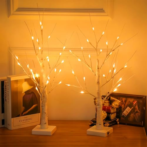 2 Pezzi Albero di Luci LED Decorativo,Bonsai Illuminato con 24 Luci LED Bianco Caldo,Albero di Betulla Luminoso 60cm,USB/Batteria,Lampada da Tavolo per Casa,Natale,Feste e Matrimonio