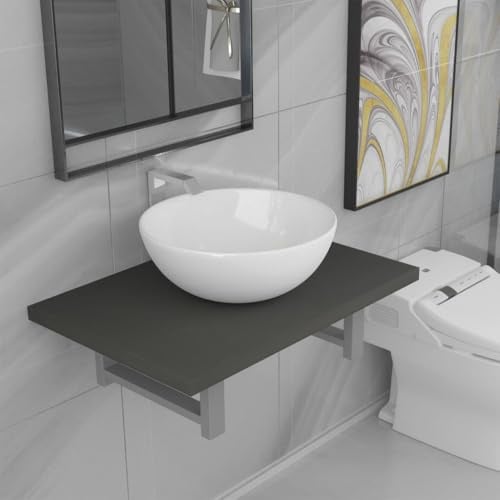 QJBSAVVA Set Mobili da Bagno Salvaspazio con Mensola a Muro e Lavabo Ceramico Rotondo, Grigio e Bianco, 2 Pezzi per Ottimizzare Spazi Piccoli