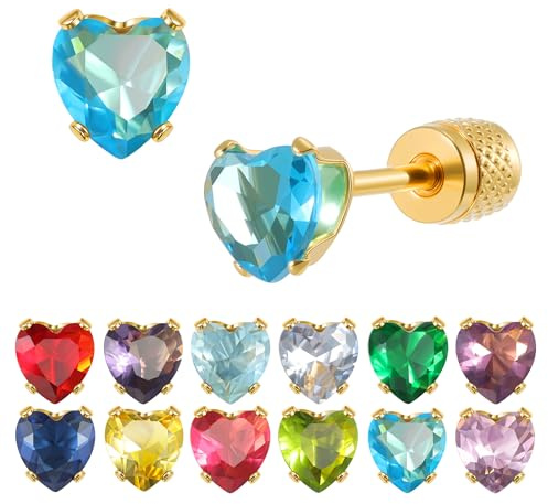 12 Paar Gold Ohrstecker Chirurgenstahl Damen Hypoallergene mit Schraubverschluss Cubic Zirkonia Herz Geburtsstein Ohrstecker Set für Frauen Mädchen