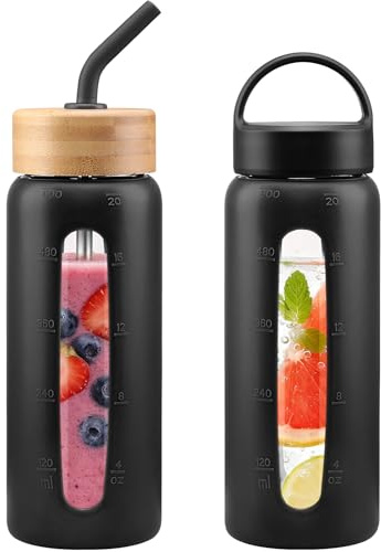 HYDRAGLAZIC 600ML Trinkflasche aus Glas, Glasflasche mit 2 Deckeln und Strohhalm, Auslaufsichere Wasserflasche mit Zeitmarkierung und Messskala, BPA-Frei, für Büro & Fitness, Schwarz