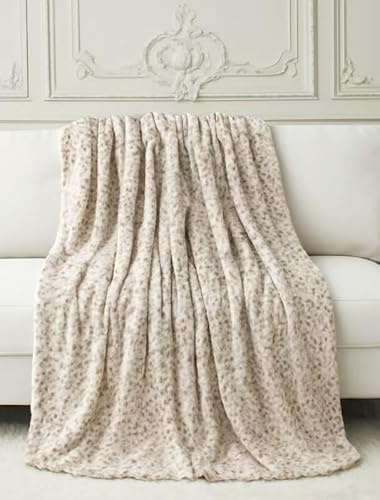 VIBELL Flauschige Decke aus Kunstpelz, Leopardenmuster, weich und warm, für Sofa, 180 x 200 cm, Beige und Weiß