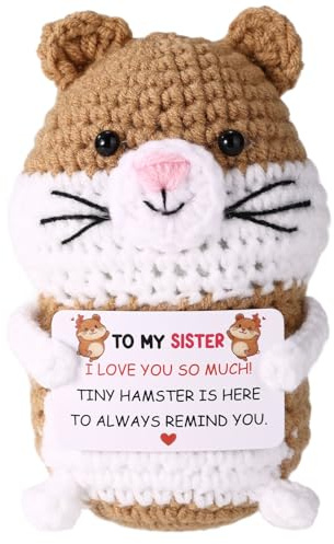 TOYMIS Mini Häkelhamster mit Ermutigender Karte, Handgefertigt Gestrickter Hamster Klein Positiv Plüschtier für Frauen Männer Freunde Kollegen Geburtstag Weihnachten