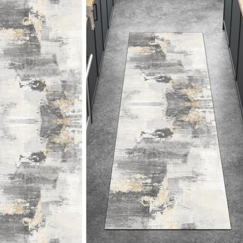 Ymural Teppich Läufer Flur rutschfest Abstrakt 70x300CM Beige Grau Teppichläufer Küchenteppich Lang Waschbar Kurzflor Polyester Korridor Schlafzimmer Anpassbar