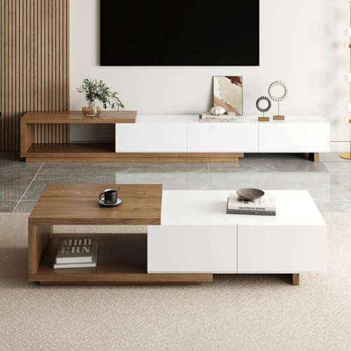 Homary Ensemble Meuble TV Extensible et Table Basse avec 2 Tiroirs, Plateau Résistant, Meuble Salon Élégant pour Petit Espace (Blanc et Noyer)