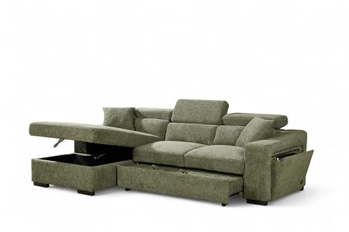 Green Fabric Corner Sofa Bed with Storage, USB and Wireless Charging Dock ARTHUR - L Shaped Pull Out Sofa Bed 3 Seater for Family Living Room with Cushions, 220 x 140 cm Sleeping Area, Left Hand