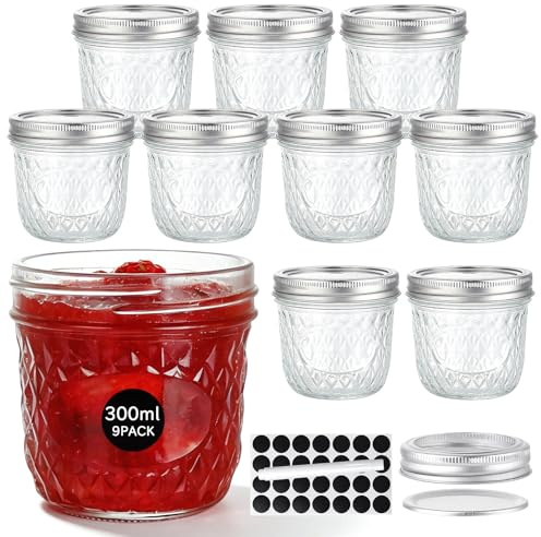 OAMCEG 9 Stück Einmachgläser mit Deckel Schraubgläser - 300ml Mason Jar Glas - Vielseitige Marmeladengläser Meal Prep Overnight Oats Gläser, 100% recycelte Glasflaschen für normale Öffnung