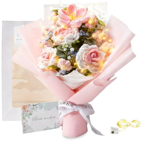 Crochet Flowers Bouquet, Hand Knitted Rose Crochet Flower Bouquet with Gift Bag and Greeting Card, C-rochet b-ouquet Tulips Artificial Flowers Gifts for Home Decor Wedding Mother's Day Birthday