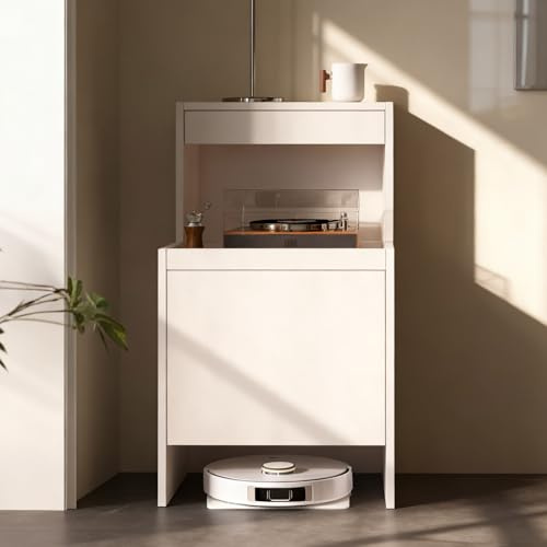 Aufbewahrungsschrank für Saugroboter mit Türen und Schubladen - Roboterstaubsauger-Station aus Holz - Sideboard für Wohnzimmer & Homeoffice(White,H100cm/39.3in)