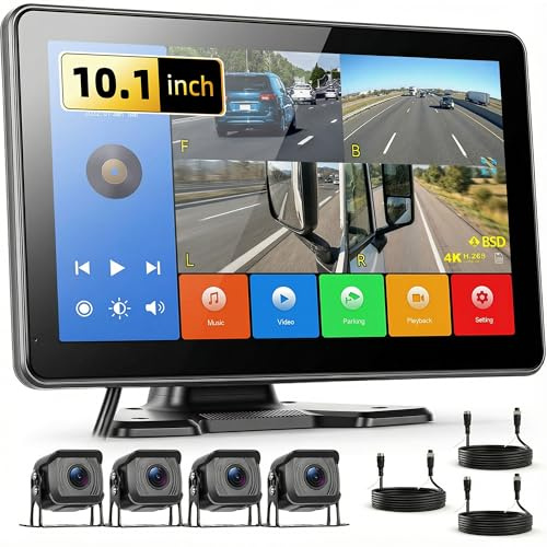 CAMECHO 10.1 Inch Touch Screen 4 × 1080P Reversing Camera with Monitor & IP68 Waterproof, Night Vision Car Reversing Camera with DVR, Parking Monitor, Split Screen, BSD Blind Spot Detection