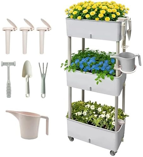 Dreistöckiges Hochbeet mit Rollen Kunststoff - Mobiles Hochbeet mit Autobewässerung 46.6x25.5x118.5cm für Garten & Balkon – Inkl. Gießkanne & Werkzeug-Set