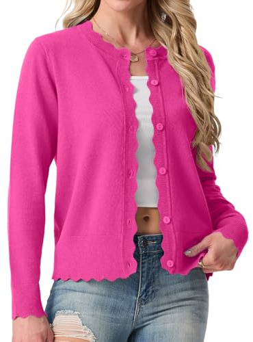 GRECERELLE Strickjacke Damen Kurz mit Rundhals und Knöpfen Leichte Langarm Cardigan Casual Wellenförmiger Rippensaum Strickjacken für Damen