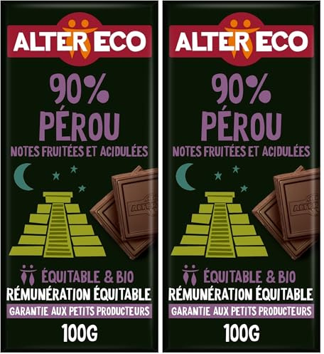 ALTER ECO - Tablette Chocolat Noir 90% - Notes Fruitées et Acidulées - Bio & Équitable - Origine Pérou - 100 g (Lot de 2)