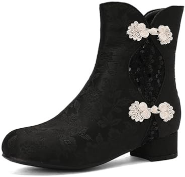 LDXEQIZ Bottes Cheongsam Chinoises Bottines Traditionnelles for Femmes avec Broderie Florale Bottines Élégantes À Talons Chaussures À Cheville Grande Taille,36-43EU(Black,41 EU)