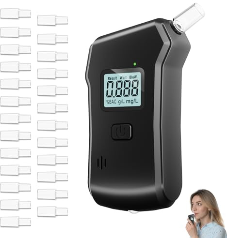 Alkoholtester, Promillemessgerät, Alkoholtester Polizeigenau mit 25 Mundstücken, Professioneller Alkoholmessgerät mit Digitaler Blauer LCD-Anzeige, Tragbarer Alkomat für den Heim und Partygebrauch