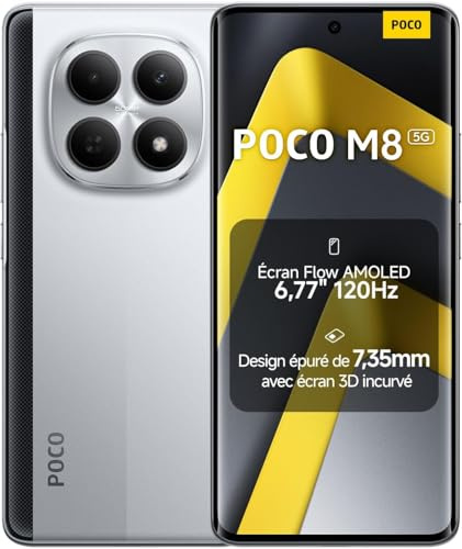 XIAOMI POCO M8 5G Smartphone, 8+ 512 GB, Argento, Telefono, IP66, Resistente alla polvere e all'acqua, Batteria Massiccia da 5520 mAh, 6,77, 120Hz, 45W, con Caricatore, senza NFC