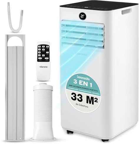 SereneLife Aire Acondicionado Portátil 9000 BTU con Kit de Ventana, Bajo Consumo, Silencioso con Display LED, Deshumidificador 3 Modos, Mando a Distancia, Compacto para Habitación