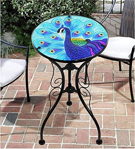 GEEZY Mosaic Garden Table – Blue Peacock Design, Weatherproof Glass & Iron, Small Round Outdoor Patio Coffee Versatile Bistro Side Table Plant Stand for Home & Gift, 30.5 cm Garden Tables Only