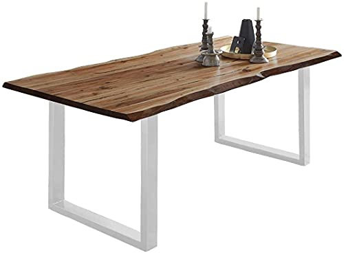 SAM Baumkantentisch 220x100 cm Mephisto, Akazienholz massiv + nussbaumfarben lackiert, Esstisch mit weiß lackiertem U-Gestell, Esszimmertisch/Holztisch, Tischplatte 26 mm