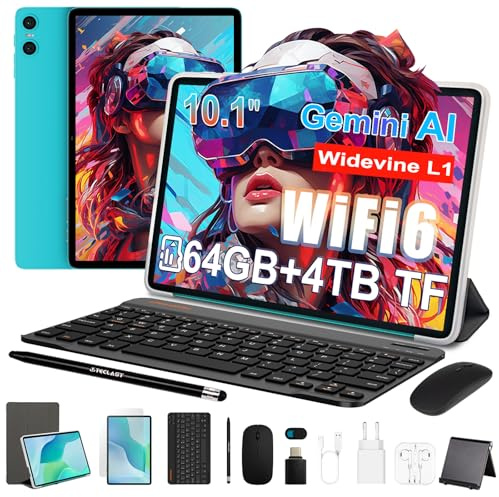 TECLAST P33 surfplatta 10,1 tums Android-surfplattor med 10 tillbehör, Gemini AI, 64 GB ROM 4 TB TF, 5G WiFi, Widevine L1, Octa-Core, 6 000 mAh/OTG, surfplatta med tangentbord+fodral penna mus 3,5 mm