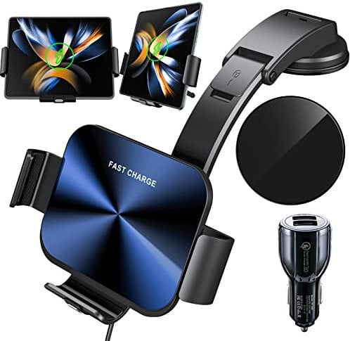 Dual Coils Wireless Car Charger Qoosea 15W Qi Fast Charging Auto-Clamping Car Mount for Air Vent & Dashboard, Car Phone Holder Compatible with Samsung Galaxy Z Fold 4/3/2, iPhone 14 Google LG Huawei