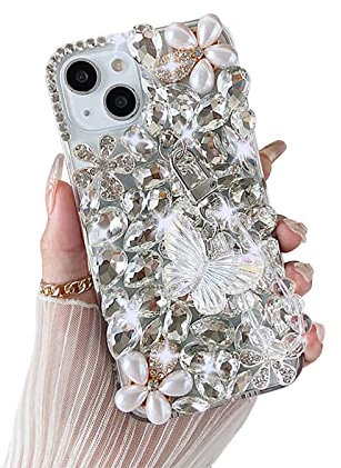 BFEW Bling Diamond Case for iPhone 14 Pro Max 6.7 with Butterfly Beaded Chain, Glitter Sparkle Case Shiny Crystal Rhinestone Soft TPU Bumper Protective Phone Cover for Women Girl,White