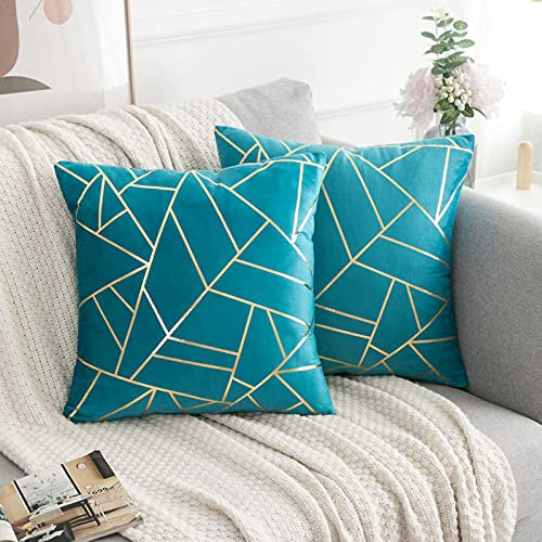 2er Set Samt Kissenbezug 50x50 Kissenbezüge Pfauenblau Samt Kissenbezug Soft Cosy Kissen Bezüge Deko Kissenbezüge Moderne Geometrie Muster Zierkissenbezug Dekokissen Sofakissen für Sofa Wohnzimmer