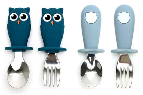 Lot 4-Set couvert bebe enfant repas diversification alimentaire bébé-fourchette enfant cuillere bebe 1er age apprentissage dme montessori-vaisselle anti etouffement silicone-cadeau naissance 10 mois