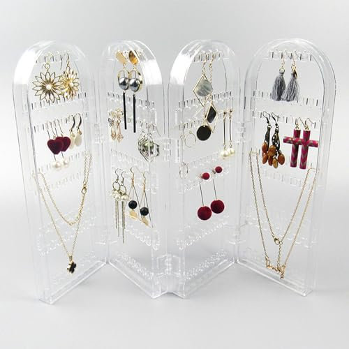 Jewellery Organiser, Earring Storage Organiser, Clear Acrylic Jewellery Stand w/260 Earring Holes, 128 Jewellery Hooks & 4 Folding Panels, Multi-Purpose Jewelry Stand, Earring Display Stand for Woman
