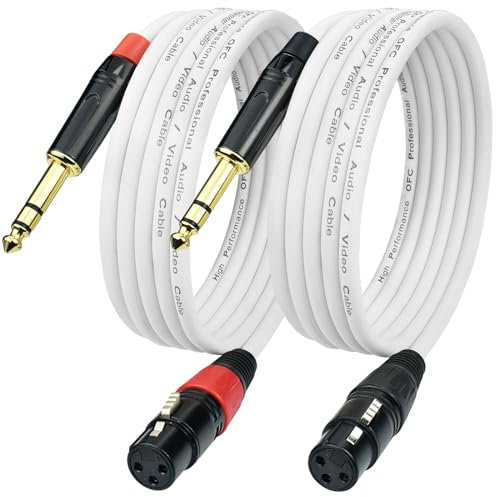 Ihurllu Adaptador de cable de micrófono XLR hembra a 1/4 TRS de 0.5 pies, equilibrado cuarto de pulgada 6.35 mm estéreo a cable de conexión de audio XLR de 3 pines, color blanco, chapado en oro, para