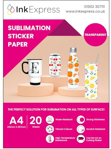 Ink Express Lot de 20 feuilles de papier autocollant transparent A4 - Compatible avec les imprimantes à sublimation Epson, Sawgrass - Couleurs vives, brillant, transparent, résistant à l'eau