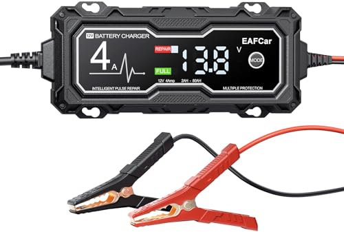 EAFCar 4Amp 12V Car Battery Charger, Trickle Charger for Car, Motorcycle, Boat, Mower Battery with Intelligent Charging, Repairs, Maintains Lead Acid Batteries