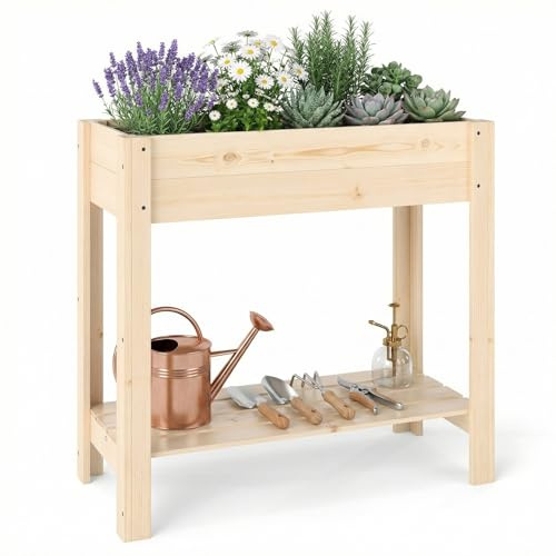 GOPLUS Hochbeet ohne Rollen, Gartenbeet mit Ablage & Abflusslöcher, Pflanzbeet aus Tannenholz für Garten & Terrasse, Natur (80 x 37 x 78 cm,ohne Rollen)