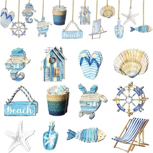 24 Stück Holzdekorationen Für Maritime Deko,Fischernetz Deko, Fischernetz, Natürliche Holz-Hängedeko Für Wohnzimmer, Schlafzimmer, Restaurants Und Hotels, Perfekt Als Geschenk