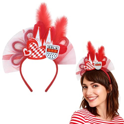 DPKOW Köln Haarreif Karneval Kostüm Damen Mädchen Accessoires, Roter Haarreif Kölner Karneval Kopfschmuck Köln Stirnband Haarband mit Federn Netz, Kölle Alaaf Accessoires Faschingsdeko Karnevalsdeko