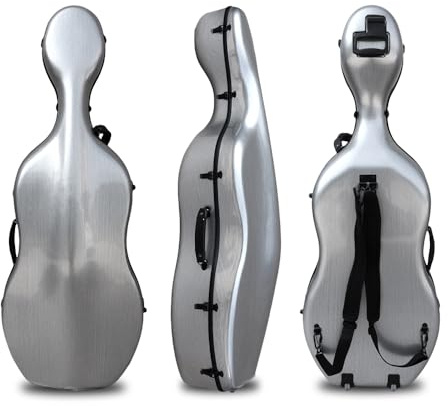 YoungMonic Custodia per violoncello 4/4 in fibra di carbonio con manico integrato, cinghie, ruote, custodia protettiva rigida per viaggi e prestazioni (argento)