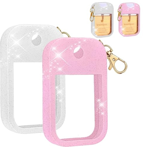RJQZN 2 Pcs Pink White Silicone Spray Bottle Cases, Portable Hand Sanitiser Holder with Keychain Compatible with Touchland Spray, Protective Sleeve for Camping, Hiking, Office and Outdoor Use, 30ml